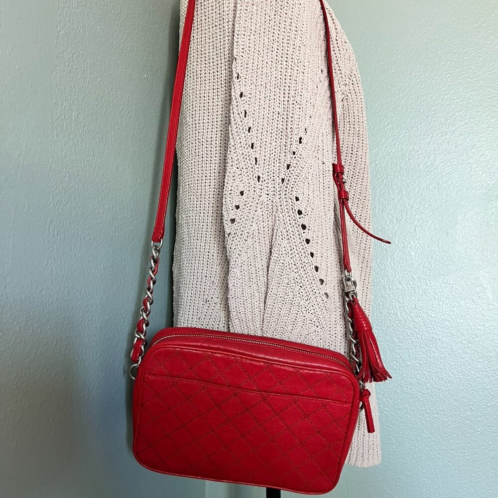 Tory Burch Fleming Distressed Leather Chain Camera Red Crossbody Bag - Picture 4 of 9